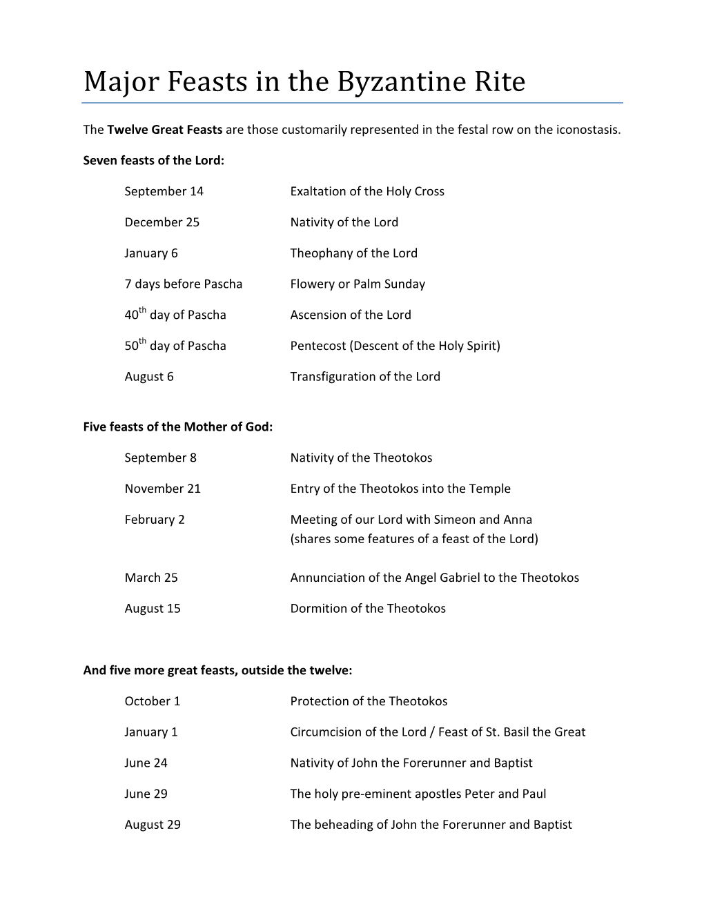 Major Feasts in the Byzantine Rite