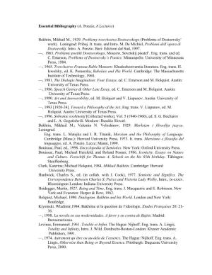Essential Bibliography (A. Ponzio, 8 Lectures) Bakhtin, Mikhail M., 1929