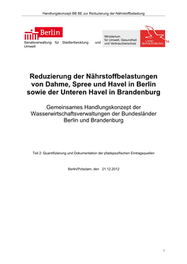 Reduzierung Der Nährstoffbelastungen Von Dahme, Spree Und Havel in Berlin Sowie Der Unteren Havel in Brandenburg