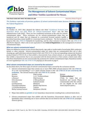 The Management of Solvent-Contaminated Wipes and Other Textiles Laundered for Reuse