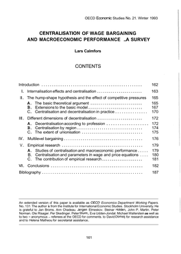 Centralisation of Wage Bargaining and Macroeconomic Performance .A Survey