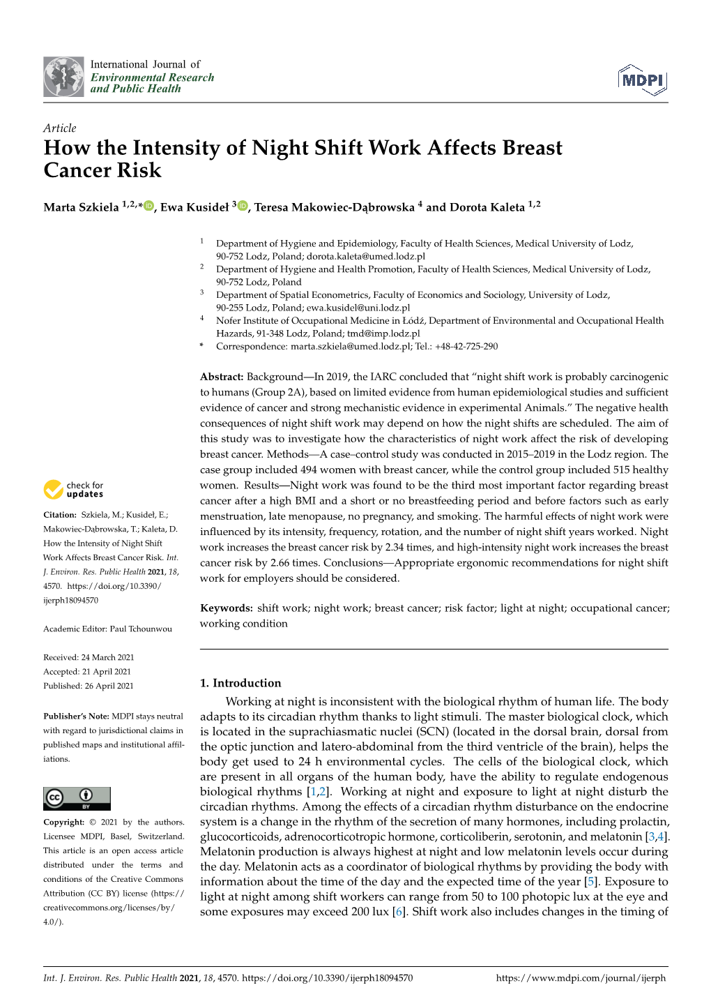 How the Intensity of Night Shift Work Affects Breast Cancer Risk