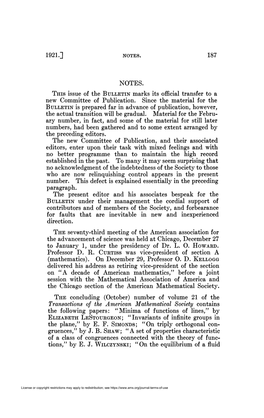 1921.] 187 NOTES. THIS Issue of the BULLETIN Marks Its Official