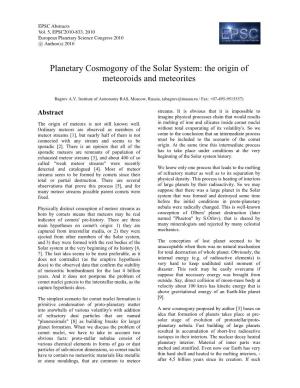 Planetary Cosmogony of the Solar System: the Origin of Meteoroids and Meteorites