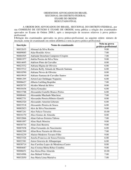Ordem Dos Advogados Do Brasil Seccional Do Distrito Federal Exame De Ordem Resultado Final