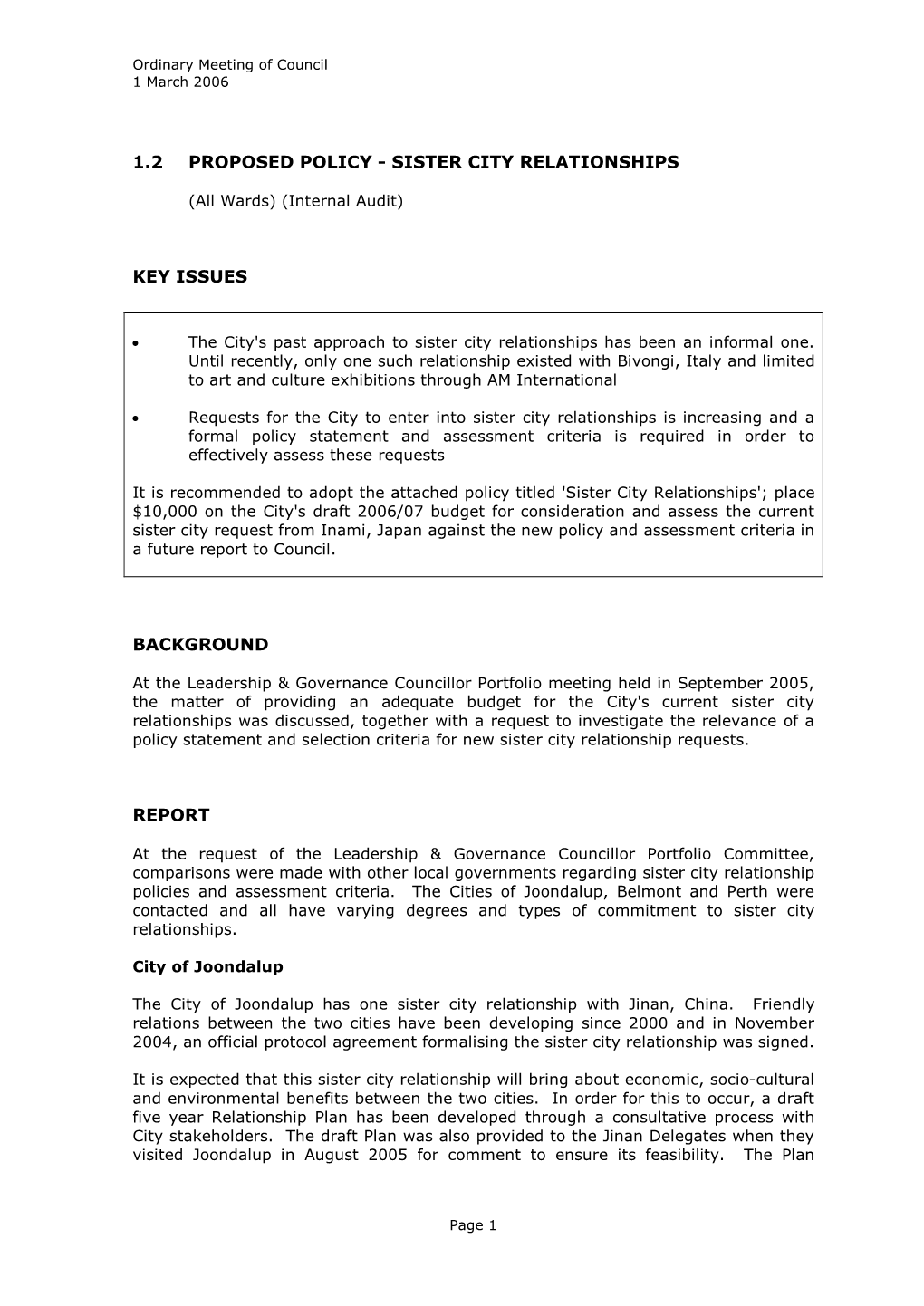 1.2 Proposed Policy - Sister City Relationships