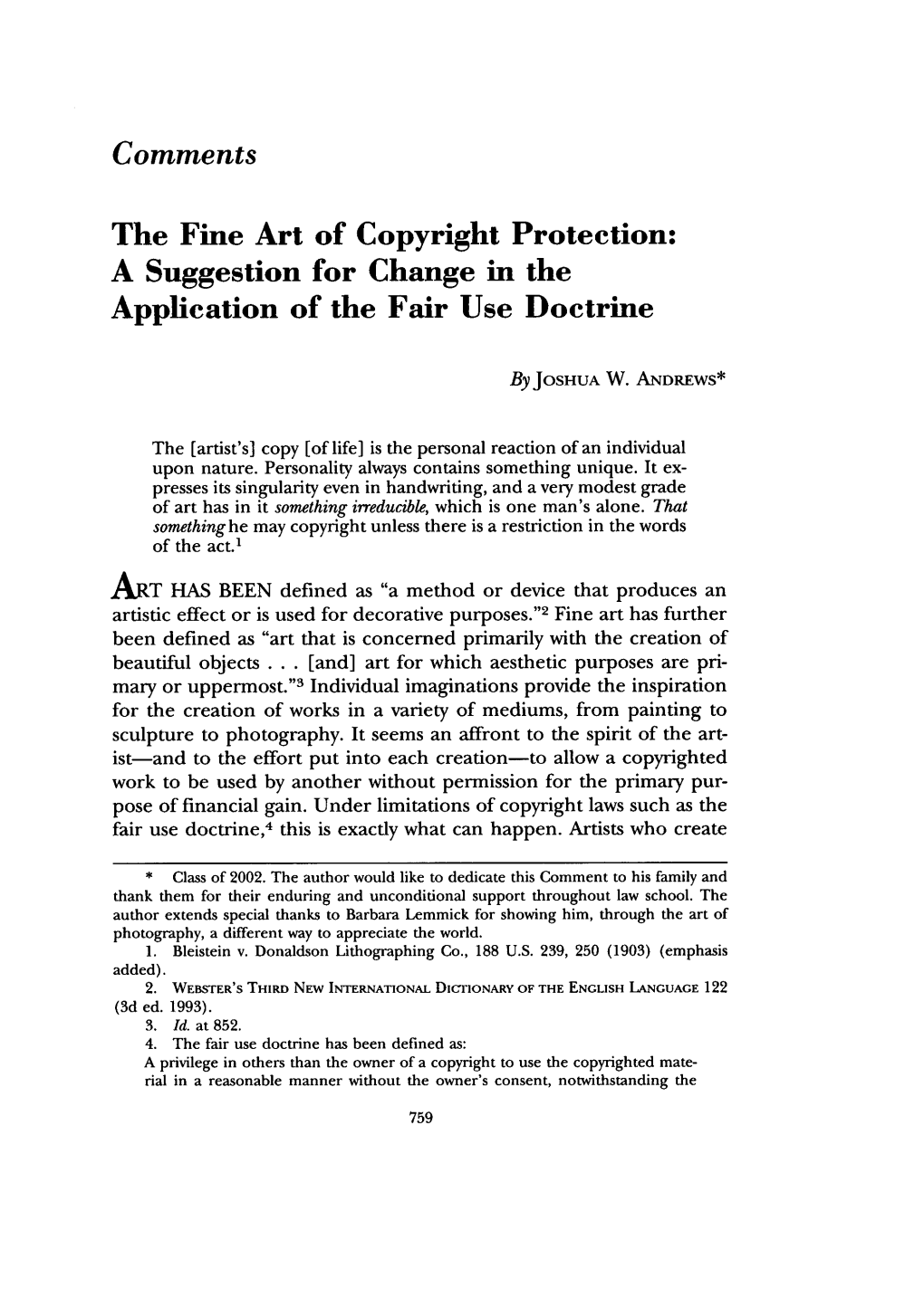 The Fine Art of Copyright Protection: a Suggestion for Change in the Application of the Fair Use Doctrine