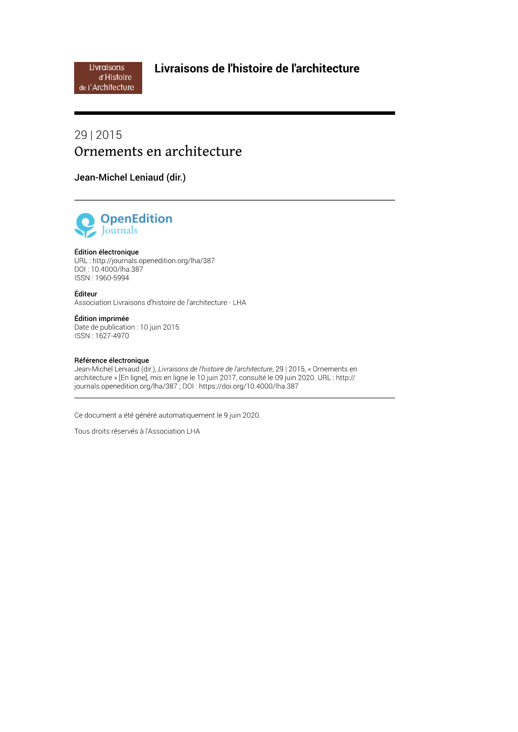Livraisons De L'histoire De L'architecture, 29 | 2015, « Ornements En Architecture » [En Ligne], Mis En Ligne Le 10 Juin 2017, Consulté Le 09 Juin 2020