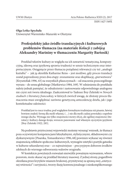 Profesjolekty Jako Źródło Translacyjnych I Kulturowych Problemów Tłumacza (Na Materiale Kolacji Z Zabójcą Aleksandry Marininy W Tłumaczeniu Margarity Bartosik)