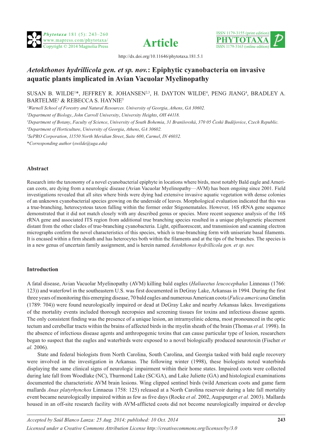 Aetokthonos Hydrillicola Gen. Et Sp. Nov.: Epiphytic Cyanobacteria on Invasive Aquatic Plants Implicated in Avian Vacuolar Myelinopathy