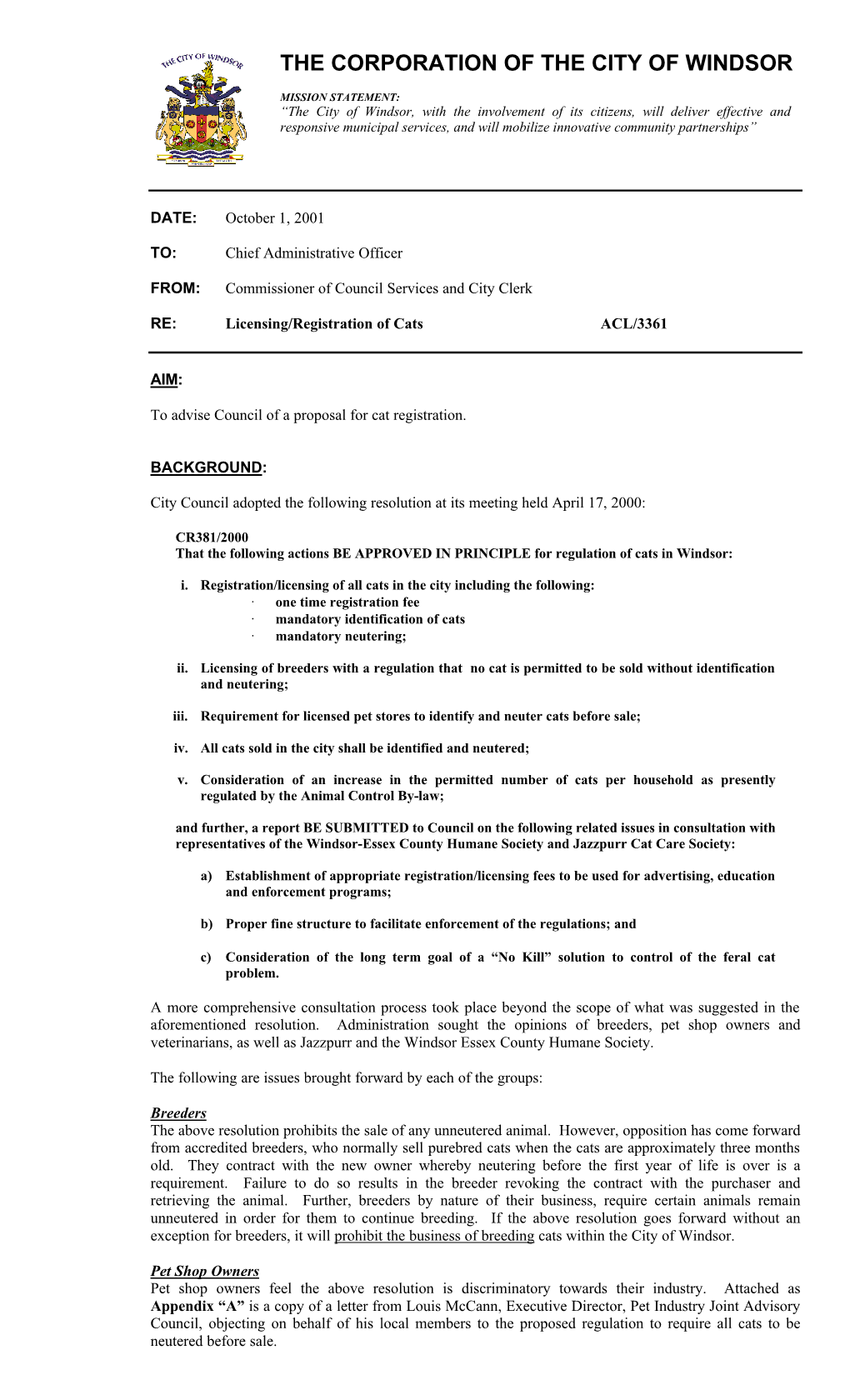 Licensing/Registration of Cats ACL/3361