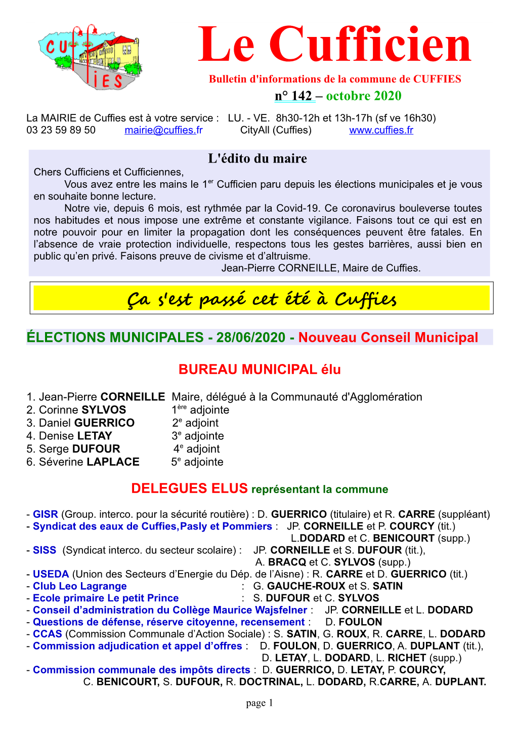 Le Cufficien Bulletin D'informations De La Commune De CUFFIES N° 142 – Octobre 2020 La MAIRIE De Cuffies Est À Votre Service : LU