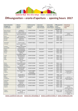 Öffnungszeiten – Orario D'apertura