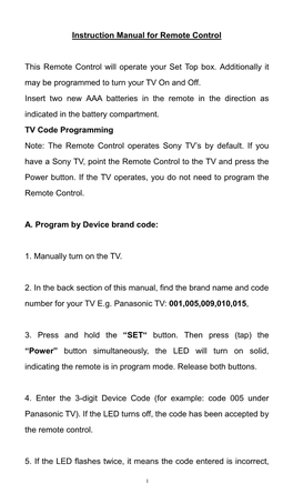 Instruction Manual for Remote Control TV Code Programming A