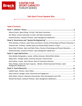 Safe Sport Forum Speaker Bios Table of Contents