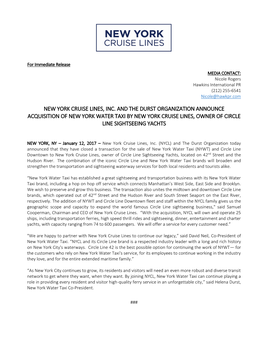 New York Cruise Lines, Inc. and the Durst Organization Announce Acquisition of New York Water Taxi by New York Cruise Lines, Owner of Circle Line Sightseeing Yachts