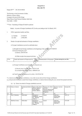 Ministry of Home Affairs, Foreigners Division (FCRA Wing) Major Dhyan Chand National Stadium, India Gate New Delhi - 110002