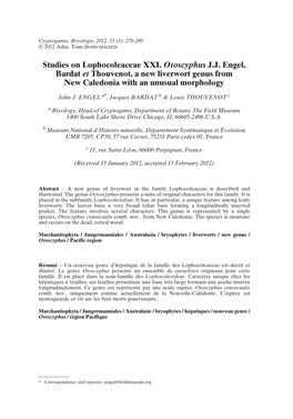 Studies on Lophocoleaceae XXI. Otoscyphus J.J. Engel, Bardat Et Thouvenot, a New Liverwort Genus from New Caledonia with an Unusual Morphology