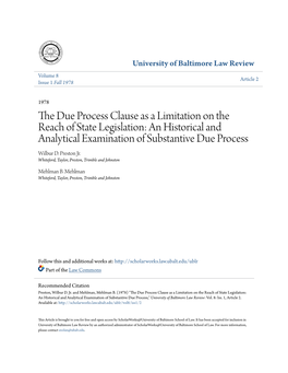 The Due Process Clause As a Limitation on the Reach of State Legislation: an His- Torical and Analytical Examination of Substantive Due Process