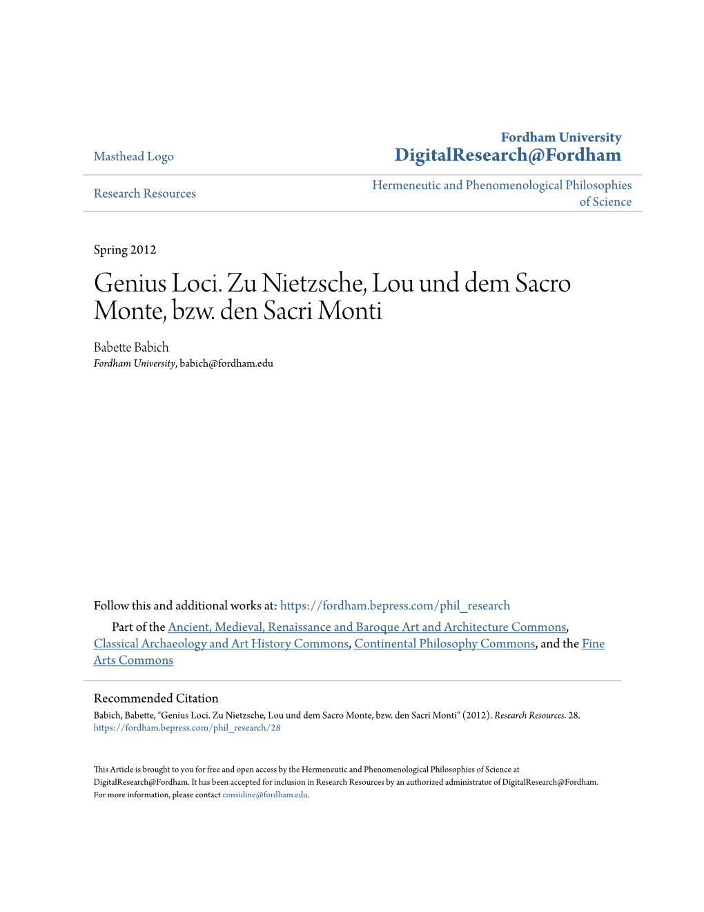 Genius Loci. Zu Nietzsche, Lou Und Dem Sacro Monte, Bzw. Den Sacri Monti Babette Babich Fordham University, Babich@Fordham.Edu