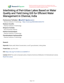 Interlinking of Peri-Urban Lakes Based on Water Quality and Yield Using GIS for Efcient Water Management in Chennai, India