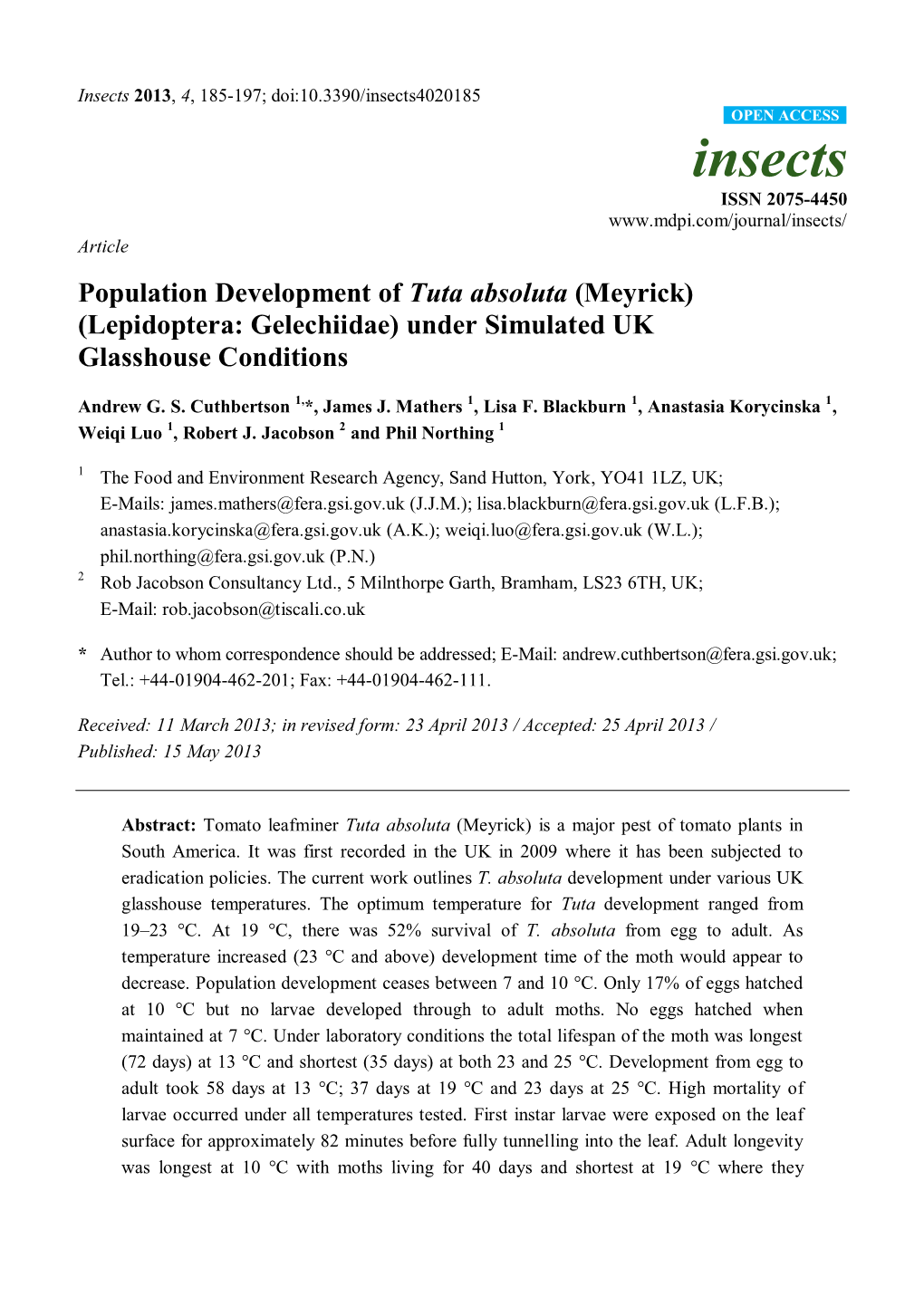 Population Development of Tuta Absoluta (Meyrick) (Lepidoptera: Gelechiidae) Under Simulated UK Glasshouse Conditions