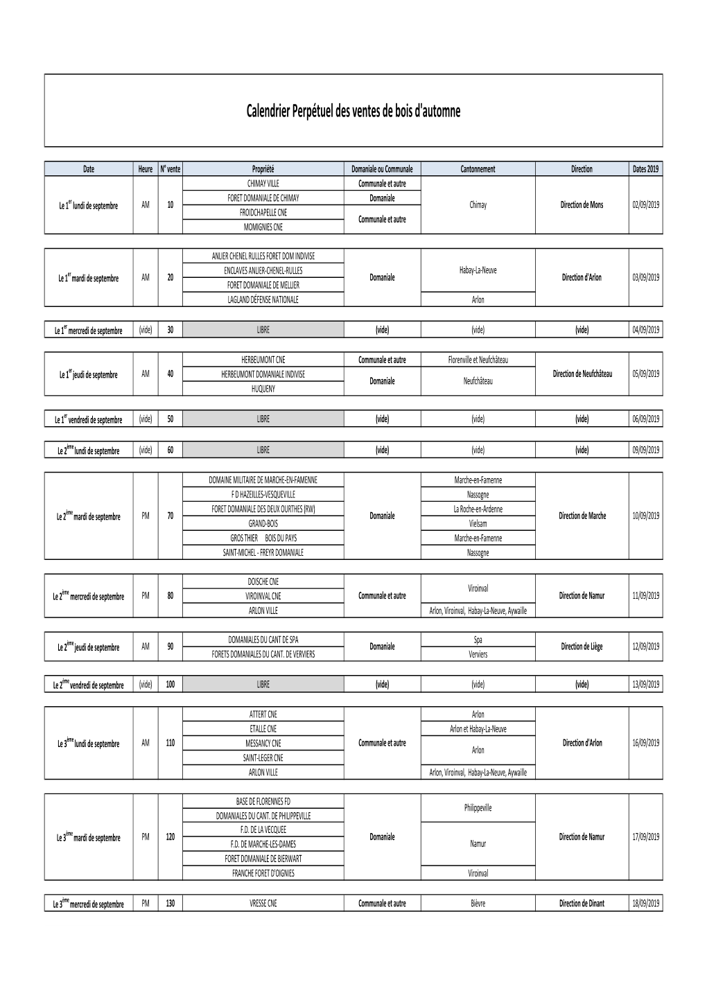 Calendrier Des Ventes De Bois Automne 2019 Urebo OEWB