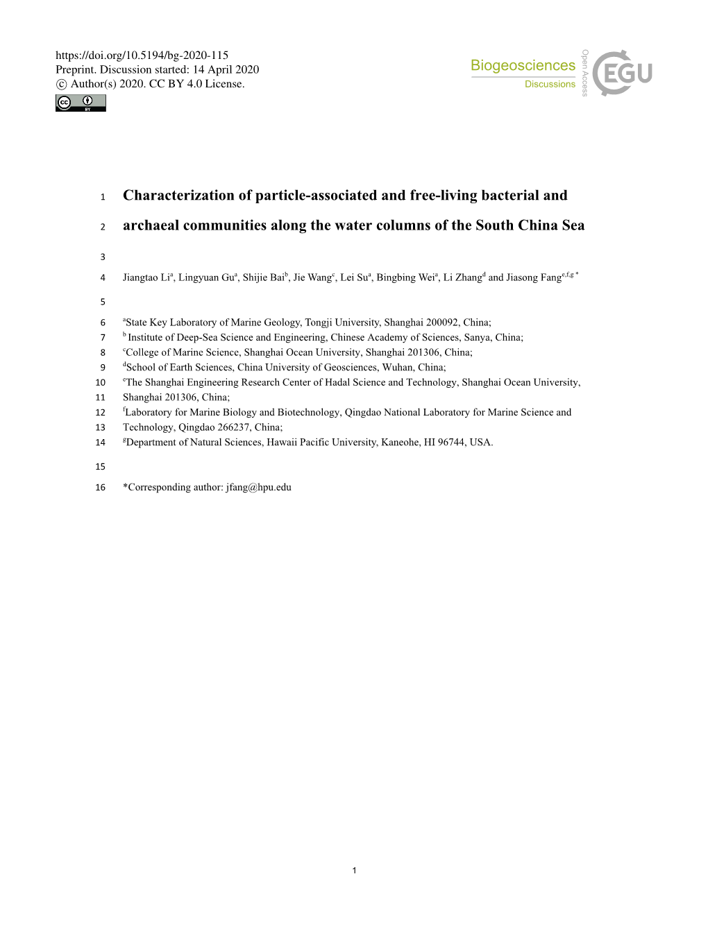 Archaeal Communities Along the Water Columns of the South China Sea