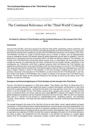The Continued Relevance of the 'Third World' Concept Written by Nico Smit
