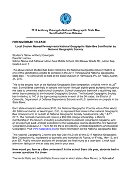 2017 Anthony Colangelo National Geographic State Bee Semifinalist Press Release ______