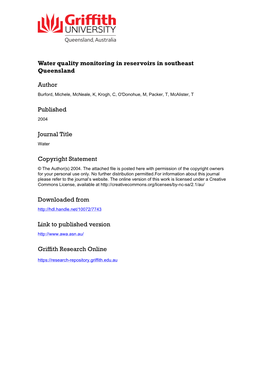 Water Quality Monitoring in Reservoirs in Southeast Queensland