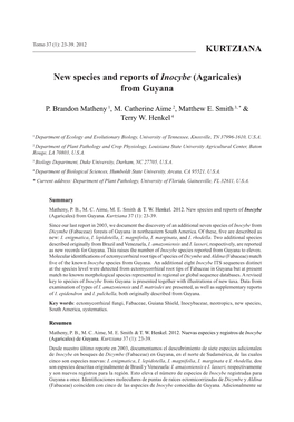 KURTZIANA New Species and Reports of Inocybe (Agaricales) from Guyana