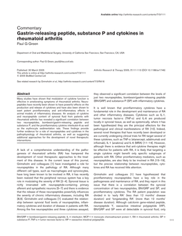 Gastrin-Releasing Peptide, Substance P and Cytokines in Rheumatoid Arthritis Paul G Green