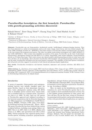 Paenibacillus Hemolyticus, the First Hemolytic Paenibacillus with Growth-Promoting Activities Discovered