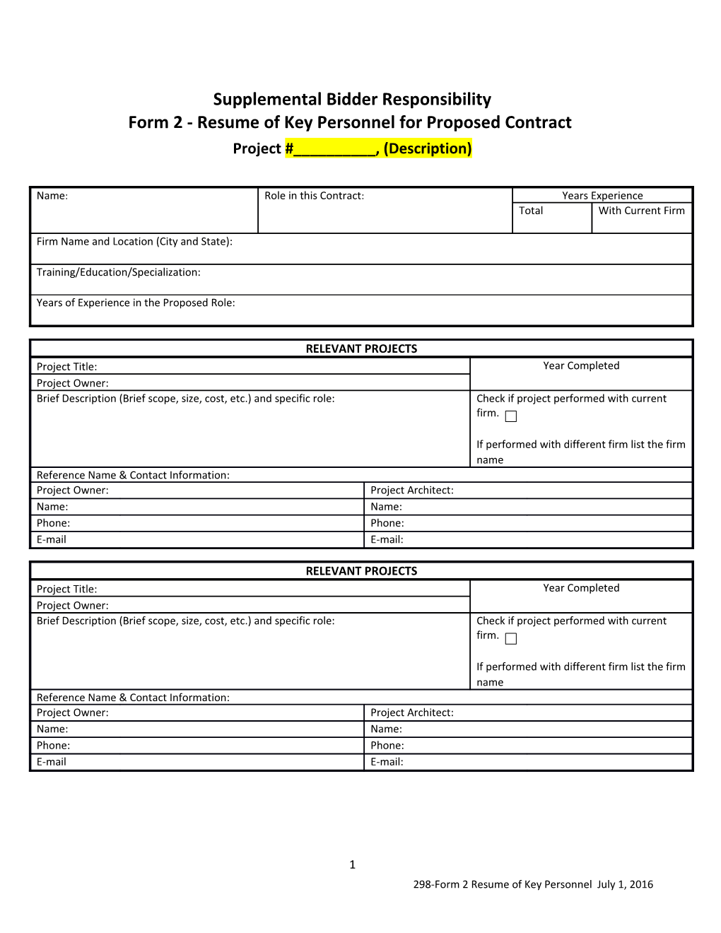 Form 2 - Resume of Key Personnel for Proposed Contract