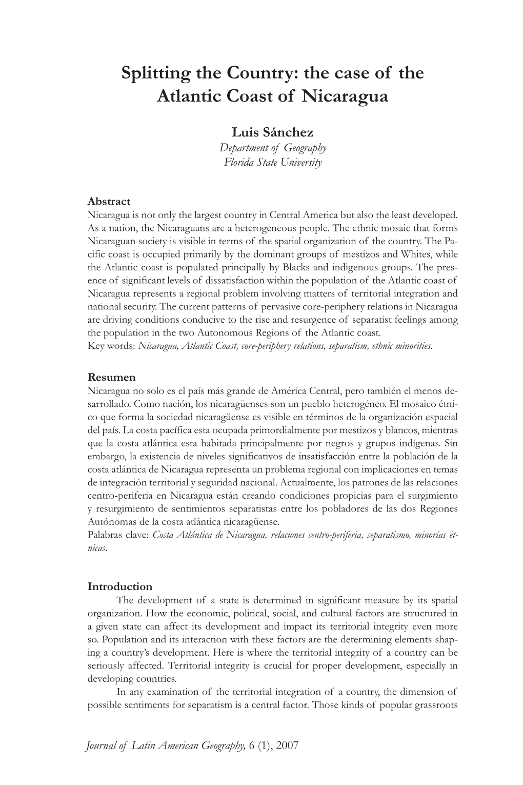 Splitting the Country: the Case of the Atlantic Coast of Nicaragua