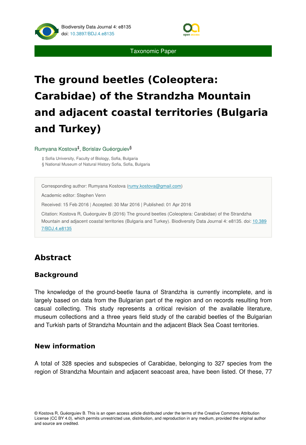 Coleoptera: Carabidae) of the Strandzha Mountain and Adjacent Coastal Territories (Bulgaria and Turkey)