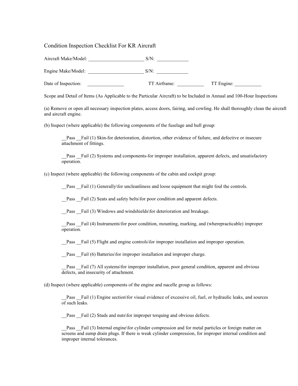 Condition Inspection Checklist for KR Aircraft