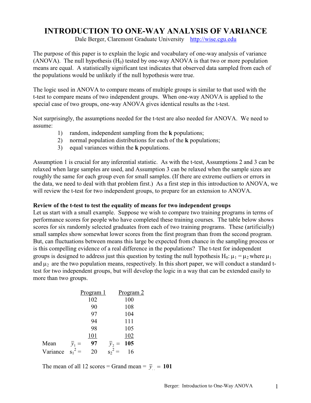 INTRODUCTION to ONE-WAY ANALYSIS of VARIANCE Dale Berger, Claremont Graduate University