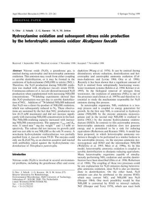 Hydroxylamine Oxidation and Subsequent Nitrous Oxide Production by the Heterotrophic Ammonia Oxidizer Alcaligenes Faecalis