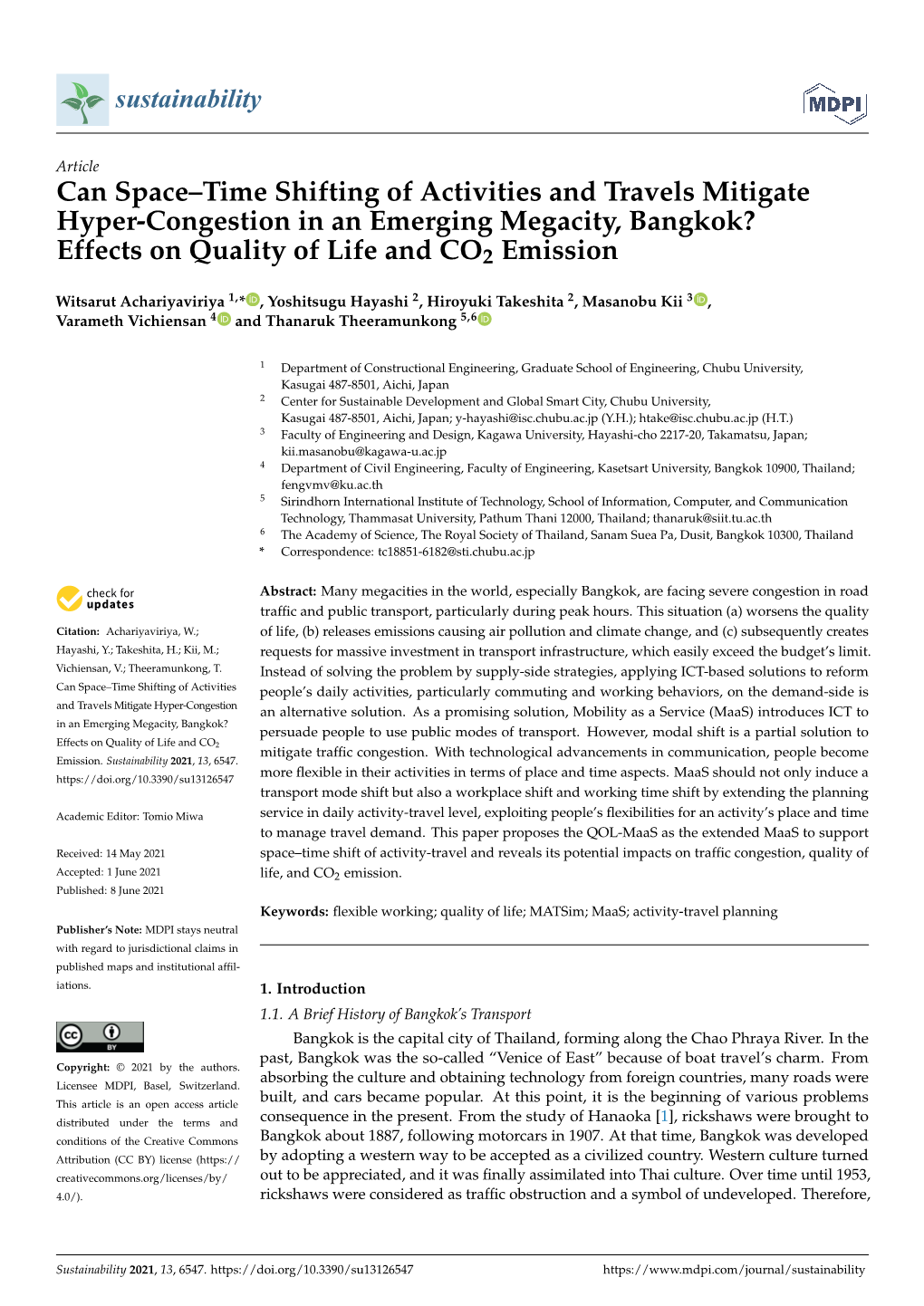 Can Space–Time Shifting of Activities and Travels Mitigate Hyper-Congestion in an Emerging Megacity, Bangkok? Effects on Quality of Life and CO2 Emission