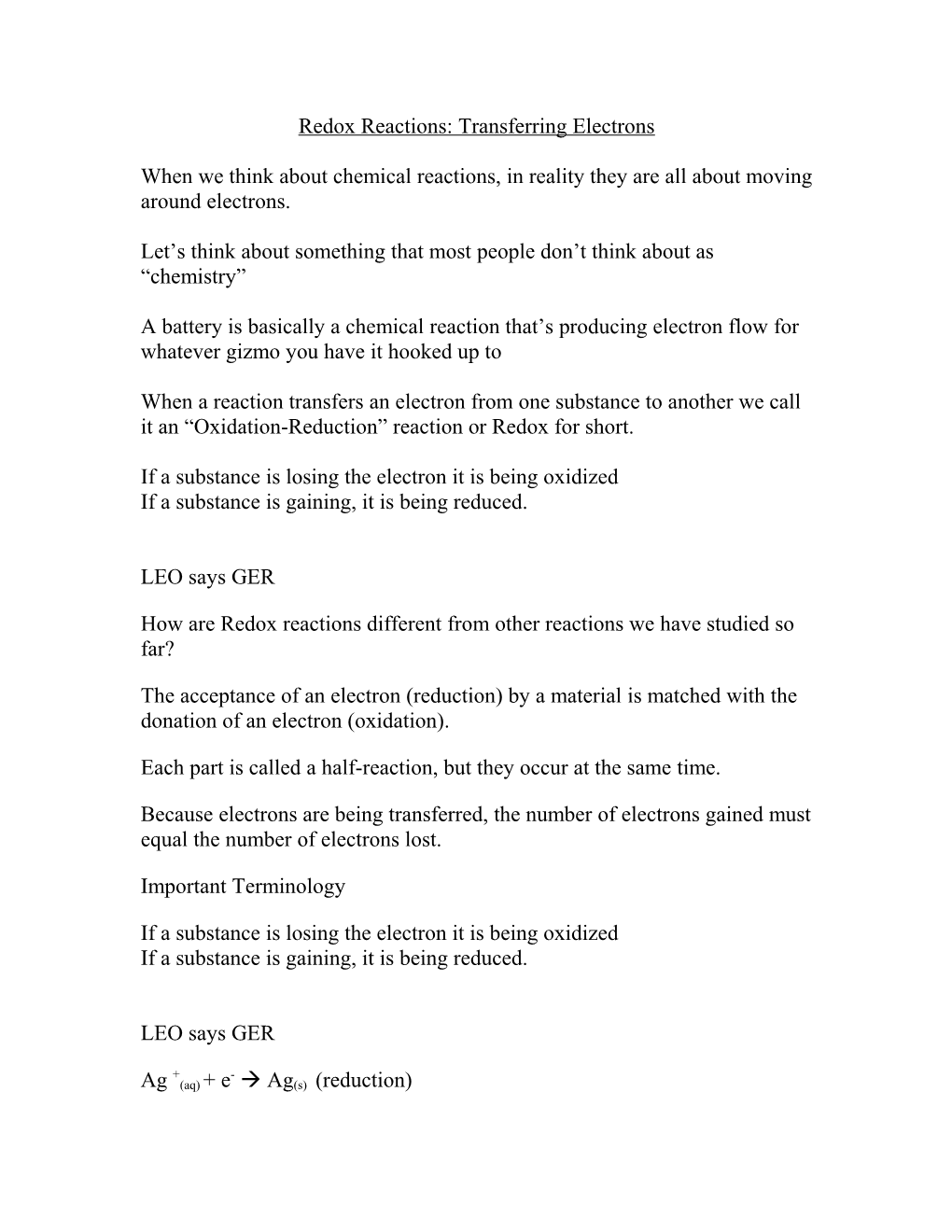 Redox Reactions: Transferring Electrons