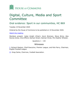 Digital, Culture, Media and Sport Committee Oral Evidence: Sport in Our Communities, HC 869