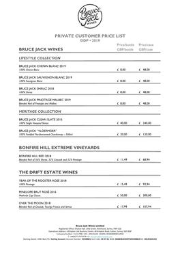 Private Customer Price List Bruce Jack Wines Bonfire Hill Extreme Vineyards the Drift Estate Wines