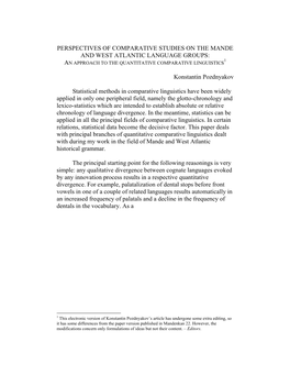 Perspectives of Comparative Studies on the Mande and West Atlantic Language Groups: 1 an Approach to the Quantitative Comparative Linguistics