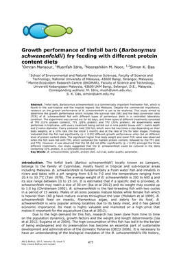 Growth Performance of Tinfoil Barb (Barbonymus Schwanenfeldii) Fry Feeding with Different Protein Content Diets 1Omran Mansour, 1Musrifah Idris, 1Noorashikin M
