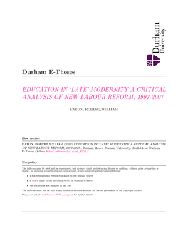 Late' Modernity a Critical Analysis of New Labour Reform, 1997-2007