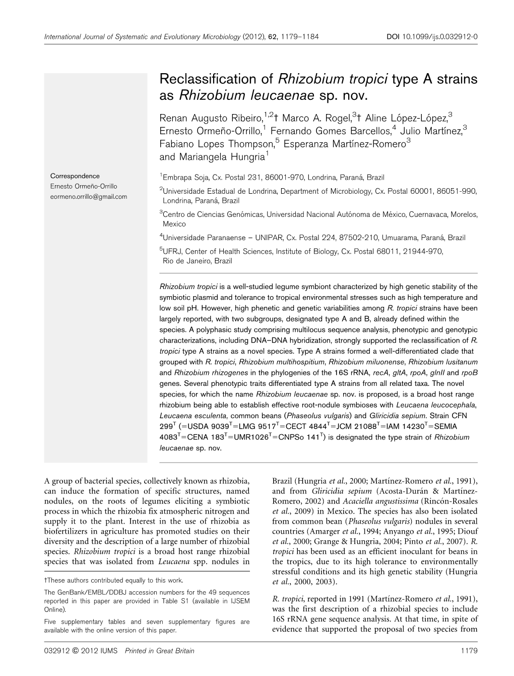 Reclassification of Rhizobium Tropici Type a Strains As Rhizobium Leucaenae Sp