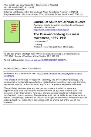 The Ossewabrandwag As a Mass Movement, 1939–1941 Christoph Marx a a Freiburg Version of Record First Published: 24 Feb 2007