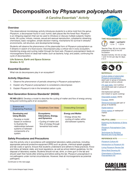 Decomposition by Physarum Polycephalum a Carolina Essentials™ Activity